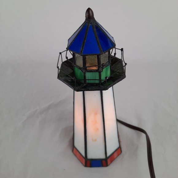 Vintage Tiffany-Stained Glass Blue, Red, Green Light House - 9.75" tall - Picture 3 of 6